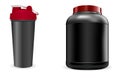 Black Sport Bottle, Shaker. Portein Container Pack Royalty Free Stock Photo