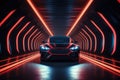 Black sport car in neon tunnel. Future concept. 3D Rendering, Car in a tunnel with neon lighting, front view, AI Generated Royalty Free Stock Photo