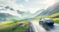 Black sports car drives along a beautiful mountain road while traveling through Europe Royalty Free Stock Photo