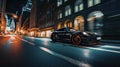 A black sports car driving down a city street. Generative AI image. Royalty Free Stock Photo