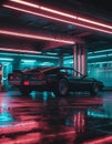 A black sports car parked in a neon-lit parking garage. The muscle car is a classic model with a sleek design and the Royalty Free Stock Photo