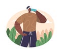Black Sportsman Character Hydrates Outdoors During A Run, Replenishing Fluids To Maintain Performance