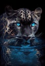 Black, spots, blue eyes, hunter, panther, jaguar, leopard, eyes, water, wallapaper, generative ai