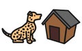 A black spotted light brown dog in front of a dog house kennel light blue turquoise backdrop