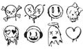 Black spray paint graffiti emoji, face emoticon characters in ink splatter style