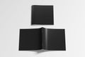 Black square brochure or booklet cover mock up on white. Closed one brochure and upside down other. Clipping path around brochure. Royalty Free Stock Photo
