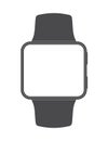 Black square-faced smartwatch with blank screen on white