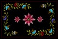 Frames with red beads and pattern embroidery satin stitches with purple and red and white cornflowers on black background