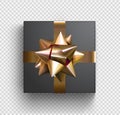 Black square gift box with gold ribbon isolaten on transparent background. Vector illustration. Royalty Free Stock Photo