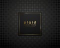 Black square with golden thin frame luxury banner. Golden text on black square label frame. Dark geometric plaid pattern