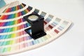 Black square Magnifying glass and Rainbow Sample Colors Palette Catalog.