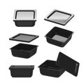 Black square plastic container for food production with clipping