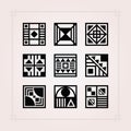 Black square shape patterns tiles icons set on pink background Royalty Free Stock Photo