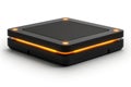 A black, square-shaped device with glowing orange lights around the edges rests on a white surface Royalty Free Stock Photo