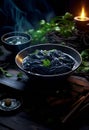 Black squid ink noodles in a bowl with chopsticks on a wooden table