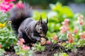 black squirrel digging up buried walnut in flowerbed Royalty Free Stock Photo