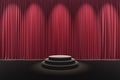 Black stage podium with cylinder form. theater musical red curtains show spotlight scene. display showtime festival party.