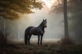 Black stallion in the foggy autumn forest. 3d rendering