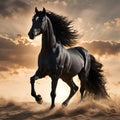 Black stallion galloping in the desert at sunset. 3d rendering Royalty Free Stock Photo