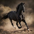 Black stallion gallops in dust and dust on a brown background Royalty Free Stock Photo