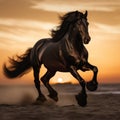 Black stallion horse in sunset running free. Generative AI Royalty Free Stock Photo