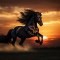 Black stallion horse in sunset running free. Generative AI Royalty Free Stock Photo