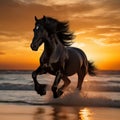 Black stallion horse in sunset running free. Generative AI