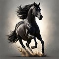 Black stallion with long mane running in dust on grey background Royalty Free Stock Photo