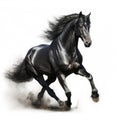 Black stallion running in dust isolated on white background