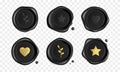 Black stamp wax seals set with gold heart, branch and star isolated on transparent background. Certificate royal black Royalty Free Stock Photo