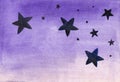 Black stars on a lilac background, watercolor drawing of black stars. Royalty Free Stock Photo