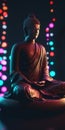 black statue of buddha sitting in front of colorful circles generative AI