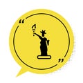 Black Statue of Liberty icon isolated on white background. New York, USA. Yellow speech bubble symbol. Vector