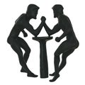 Black statue of two armwrestling fighters on a white background. 3d rendering