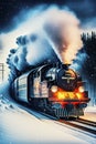 Black steam locomotive drives through a snowy winter landscape, belching huge amounts of white smoke into the dark sky, made with Royalty Free Stock Photo