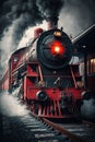 Black steam train on tracks over dark clouds, created using generative ai technology