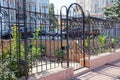 Black steel doors and wrought-iron fence with a wrought pattern