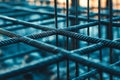 Black steel rebar frame for concrete pouring at a construction site. Close up of a blueprint mesh in the form of an L shape, with