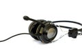 Black stereo headphones with microphone on white background. Royalty Free Stock Photo