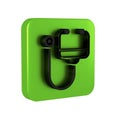 Black Stethoscope medical instrument icon isolated on transparent background. Green square button.