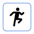 Black stick figure running in square with blue border, symbolizing fitness and activity.