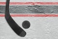 Black stick and puck on the ice