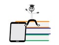 Doodle stickfigure with black graduate cap sitting on books near tablet