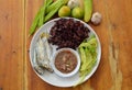 Black sticky rice eat with steam mackerel and shrimp paste sauce Royalty Free Stock Photo