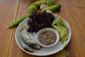 Black sticky rice eat with steam mackerel and shrimp paste sauce Royalty Free Stock Photo