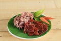 Black sticky rice with fried sliced pork and fried chicken mixed garlic ,sesame , black pepper Royalty Free Stock Photo