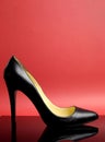 Black stiletto high heel female shoe on red background - vertical.