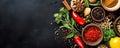 Black stone cooking background, Aromatic Spices, and Organic Vegetables, Top view Free space, GenerativeAI, illustration