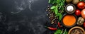 Black stone cooking background, Aromatic Spices, and Organic Vegetables, Top view Free space, GenerativeAI, illustration