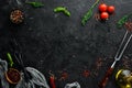 Black Stone Food Background. Cooking Ingredients. Top view.